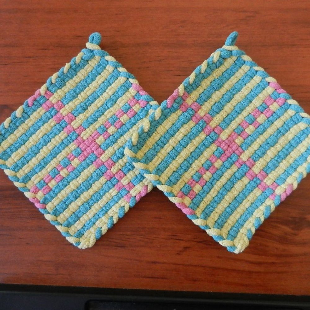 Set of 2 Handmade Artisan Cotton Woven Loomed Easter Potholders Hot Pads Trivets